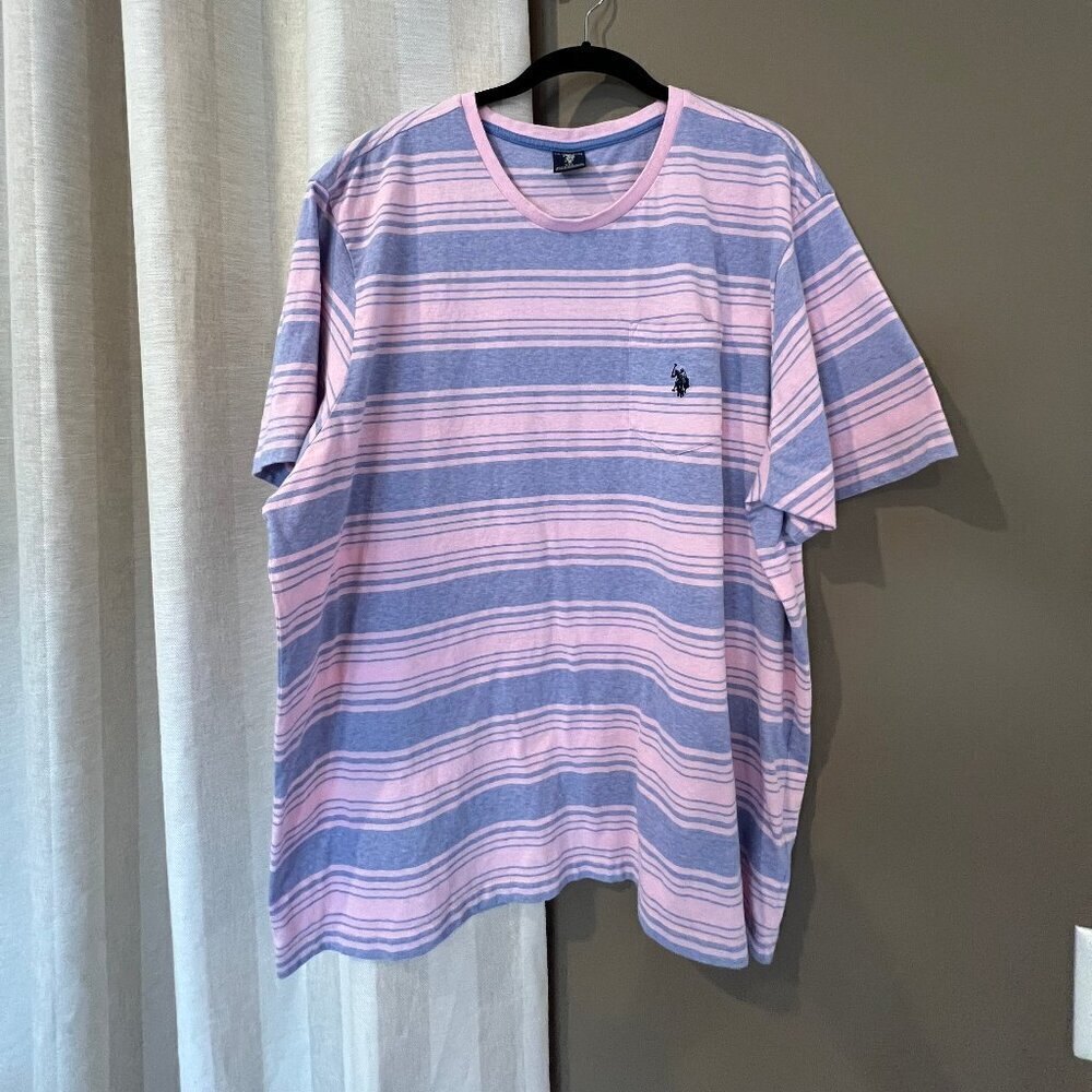 Men's US Polo Shirt, Pink & Blue Striped Cotton Blend Short Sleeve, Size 2XL